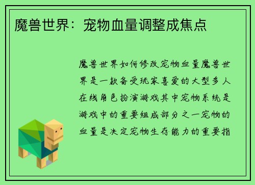 魔兽世界：宠物血量调整成焦点